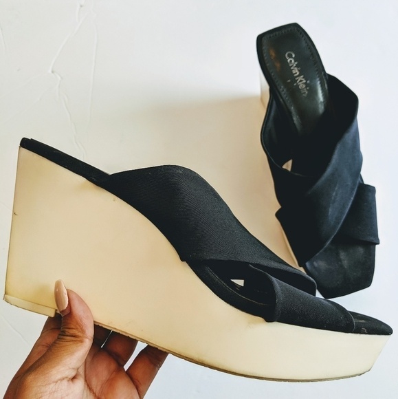 Calvin Klein platform cross strap wedges black sandals y2k 90s - Picture 1 of 6